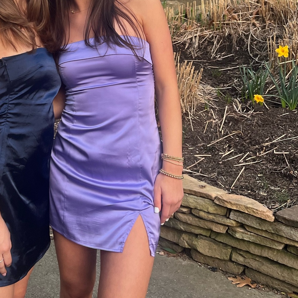 Strapless Satin Mini Dress in Lavender/ Perriwnkle Blue